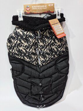 Arcadia Trail Adjustable Insulated Coat for Dogs, Black/Cream/Silver, NEW